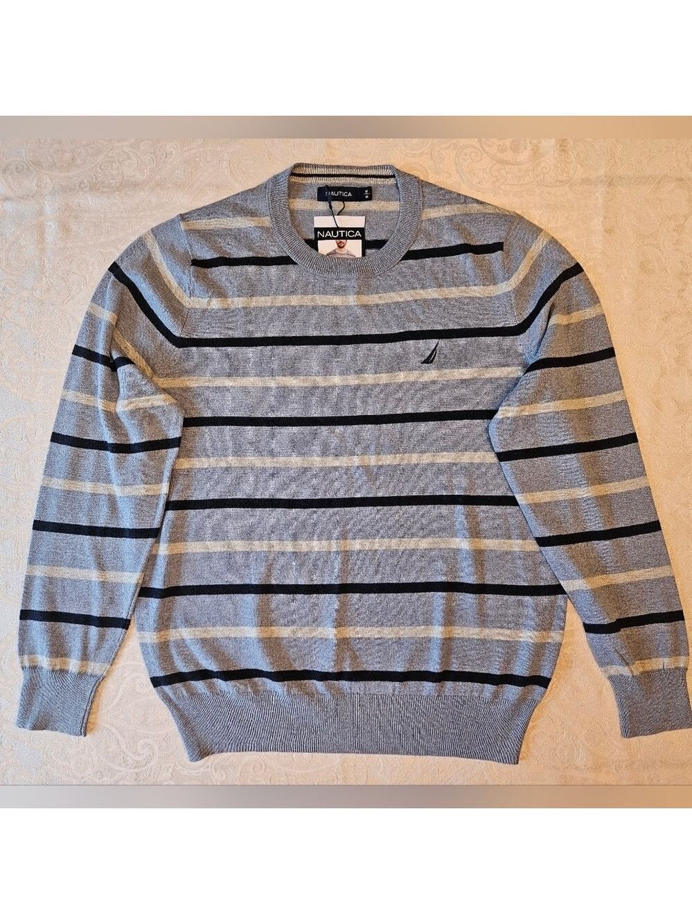 Size Medium Nautica Men's Gray and Blue Striped Cotton Blend Sweater, NWT